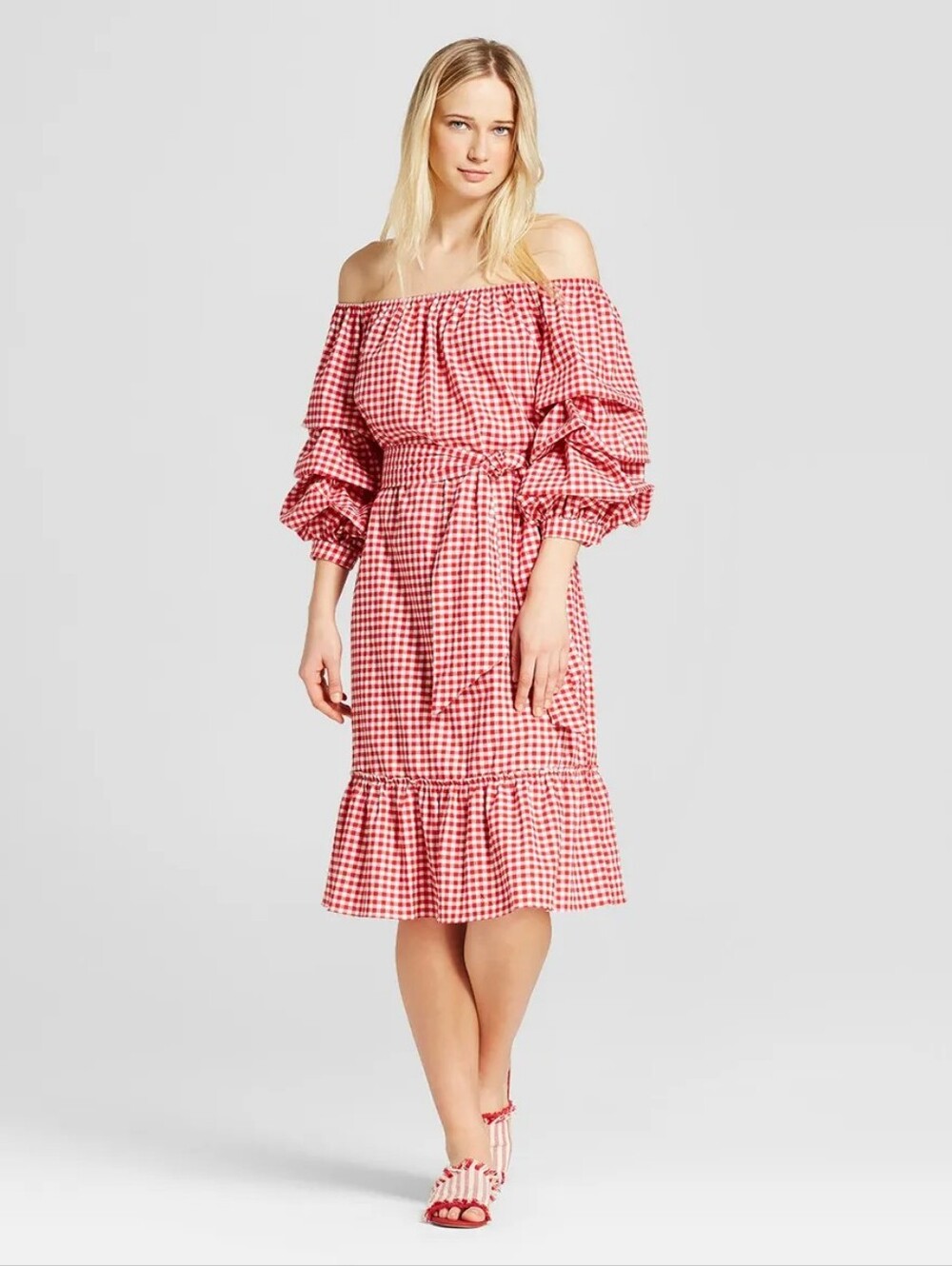 WHO WHAT WEAR Off-Shoulder Red Gingham Picnic Midi Dress, No Belt